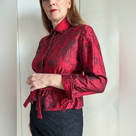 Vintage Womens Silk Blouse Floral Print Chili Red/Black 90s Designer Formal - Picture 7 of 11